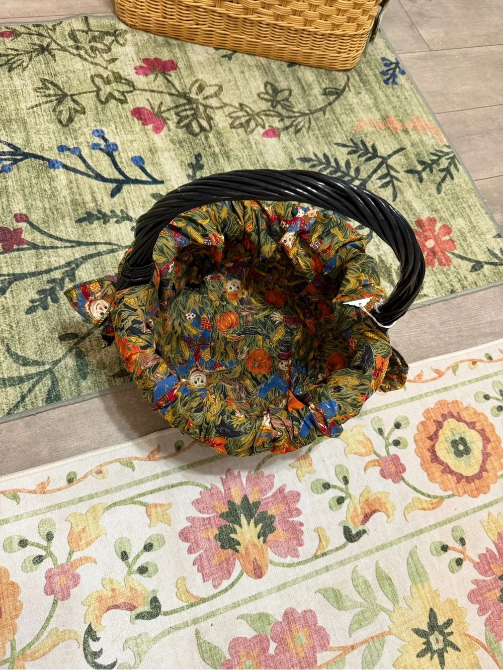 Vintage Autumn Fabric Lined Black Wicker Basket Colorful Autumn Primitives